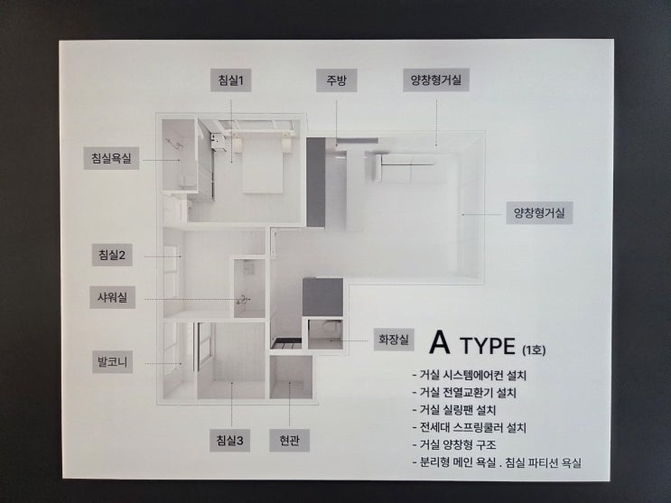 A타입 평면도, 침실 3개와 양창형 거실, 침실 욕실과 샤워실 배치